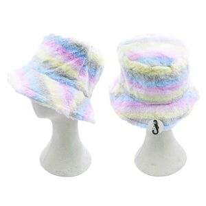 Light MultiColored Fur Bucket Hat Rainbow Stripe Pattern Style Winter